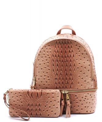 Handbag Inc Ostrich Vegan Leather Backpack and Wallet OS1062W ROSEPINK